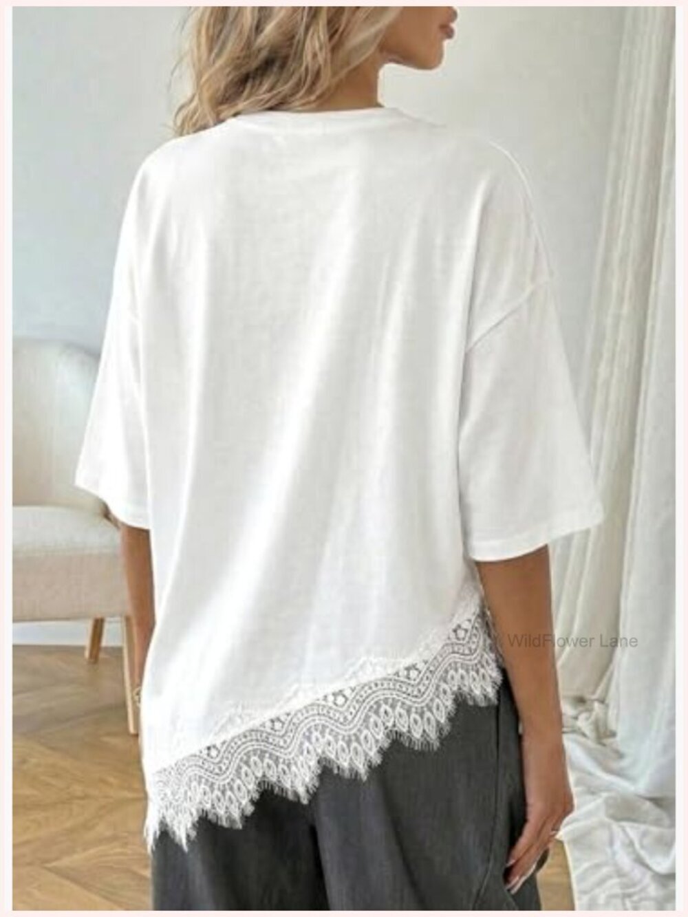 Crew Neck Half Sleeve T-Shirt Asymmetrical Hem Lace Patchwork Loose Fit Top - Picture 5 of 7